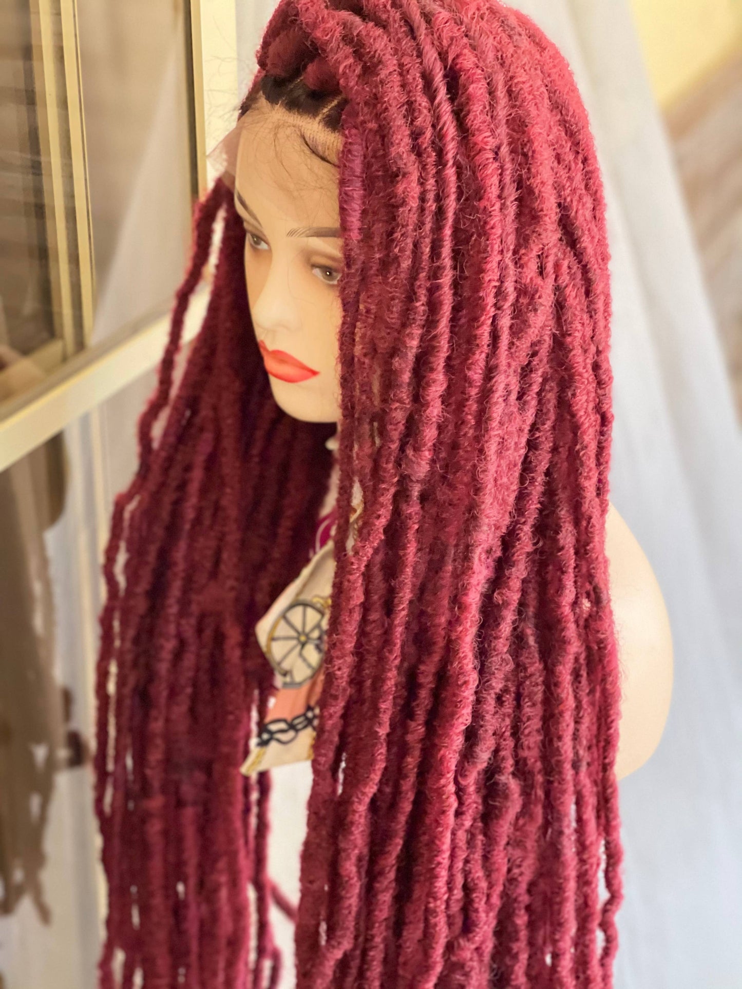 36-inch Long Wine Distressed Faux Locs Lace Front Braided Wig