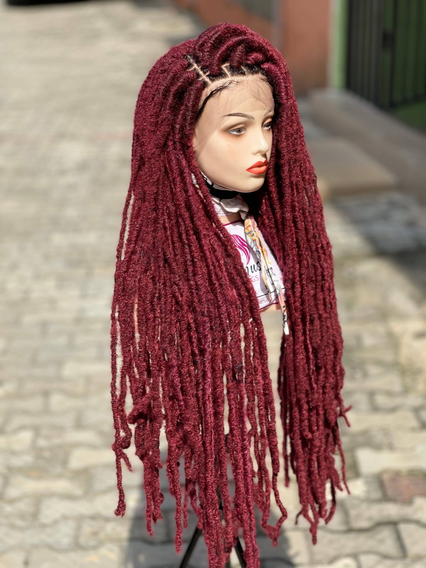 36-inch Long Wine Distressed Faux Locs Lace Front Braided Wig