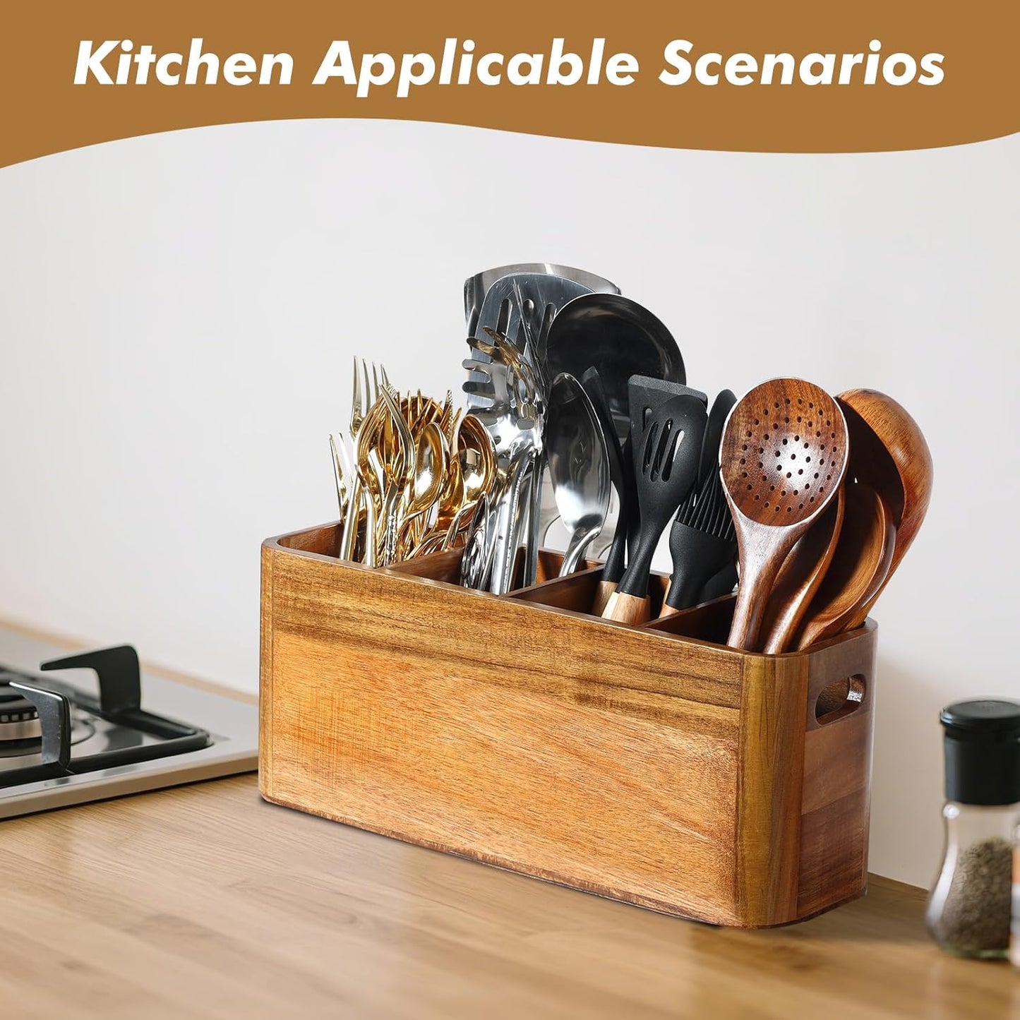 Premium Acacia Wood Utensil Holder Countertop Organizer with 4 Adjustable Compartments