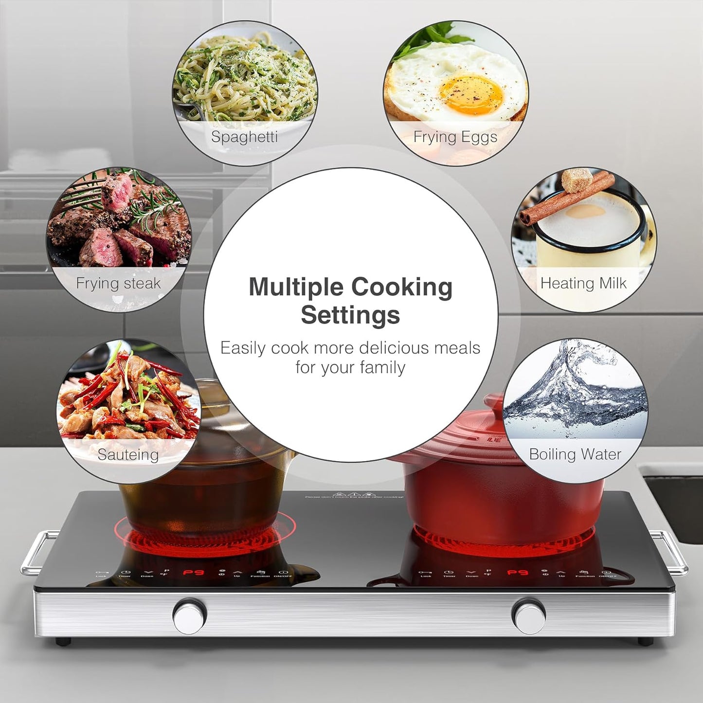 VBGK Dual Electric Cooktop with Knob Control, Child Lock, Timer, 110V