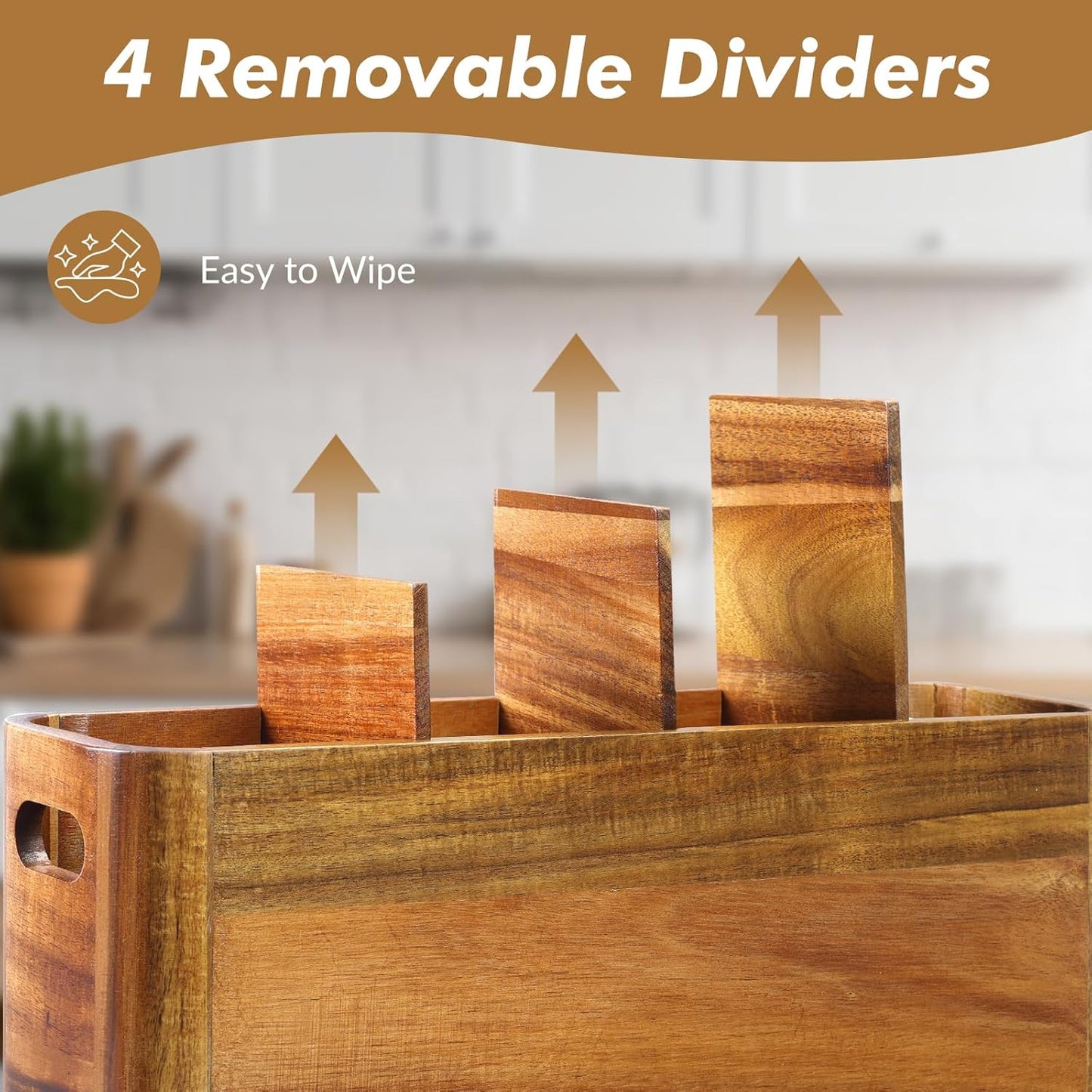 Premium Acacia Wood Utensil Holder Countertop Organizer with 4 Adjustable Compartments
