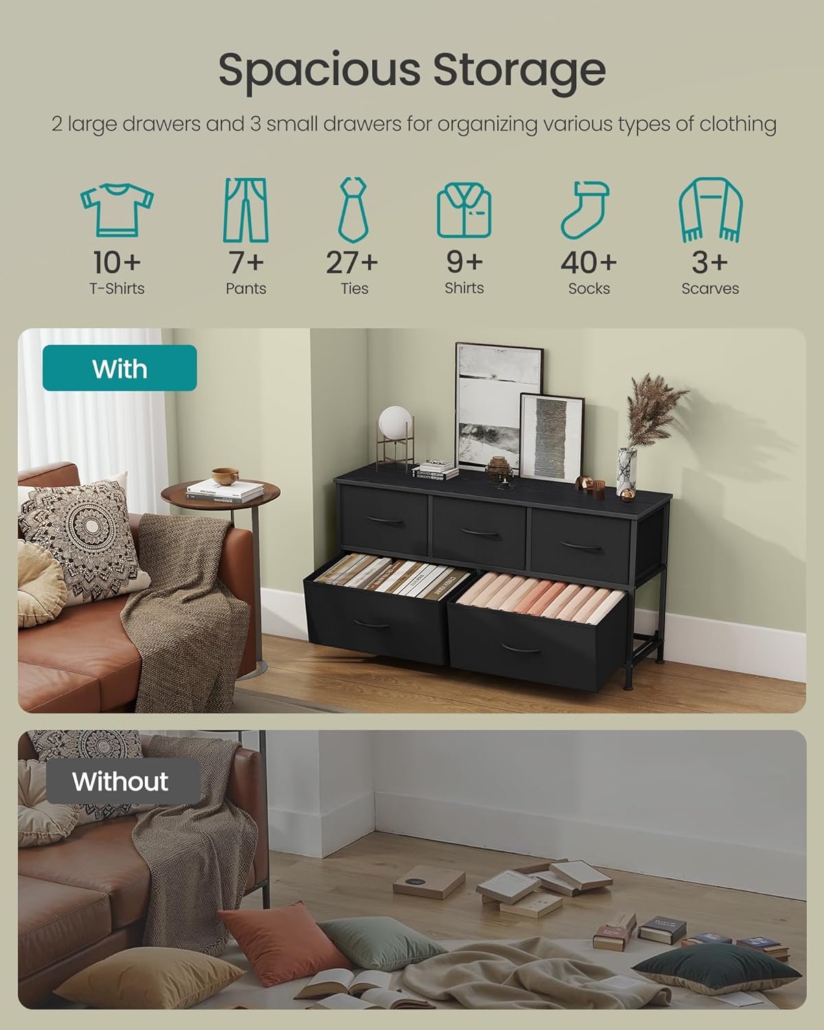 SONGMICS 5-Drawer Fabric Dresser, Steel Frame Chest, Versatile Storage Organizer