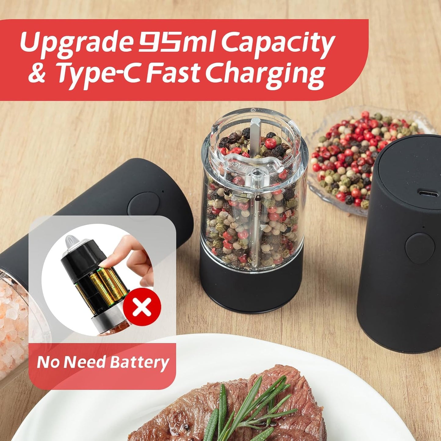 OPIIV USB Rechargeable Electric Salt Pepper Grinder Set with LED
