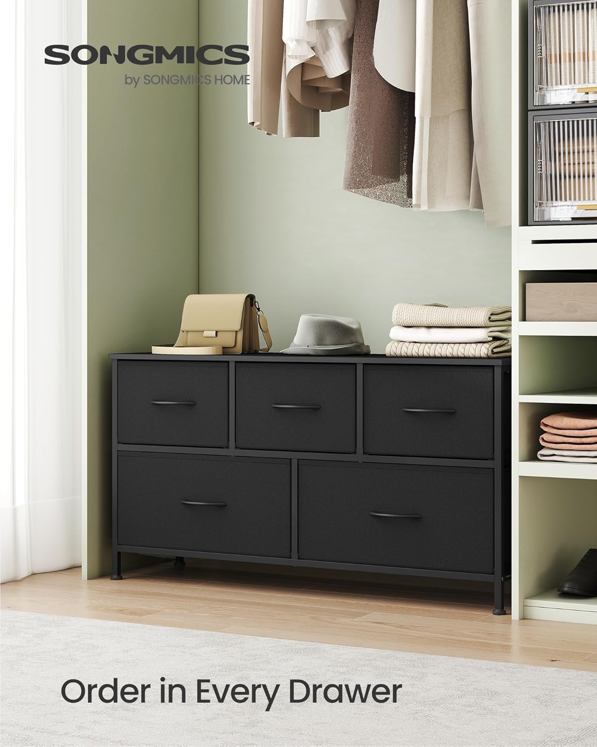 SONGMICS 5-Drawer Fabric Dresser, Steel Frame Chest, Versatile Storage Organizer