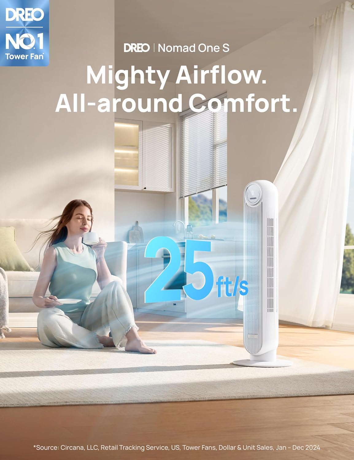 Dreo Smart Quiet Oscillating Bladeless Tower Fan for Bedroom, WiFi Voice Control