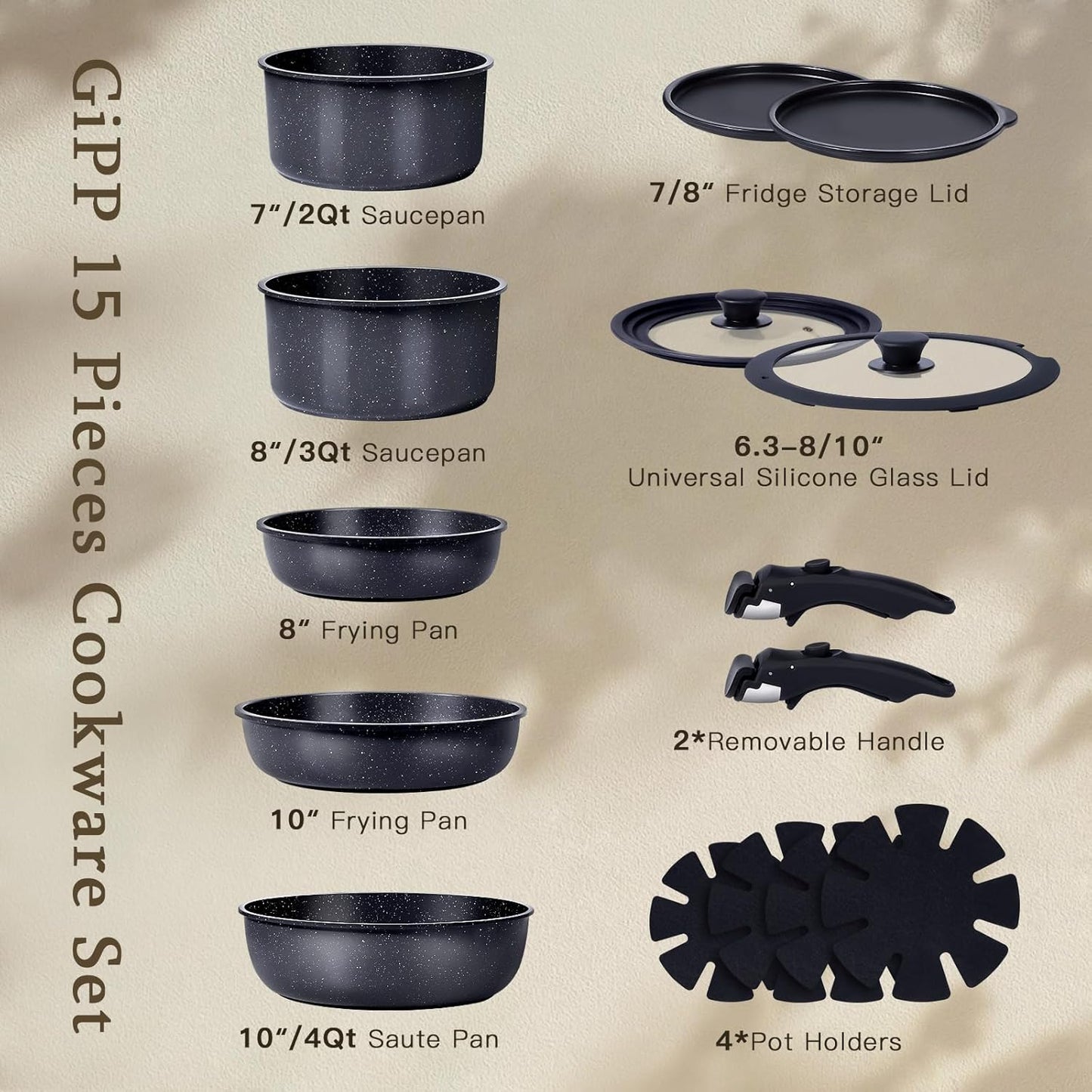 GiPP Healthy 15-Piece Ceramic Non-Stick Cookware Set with Detachable Handles