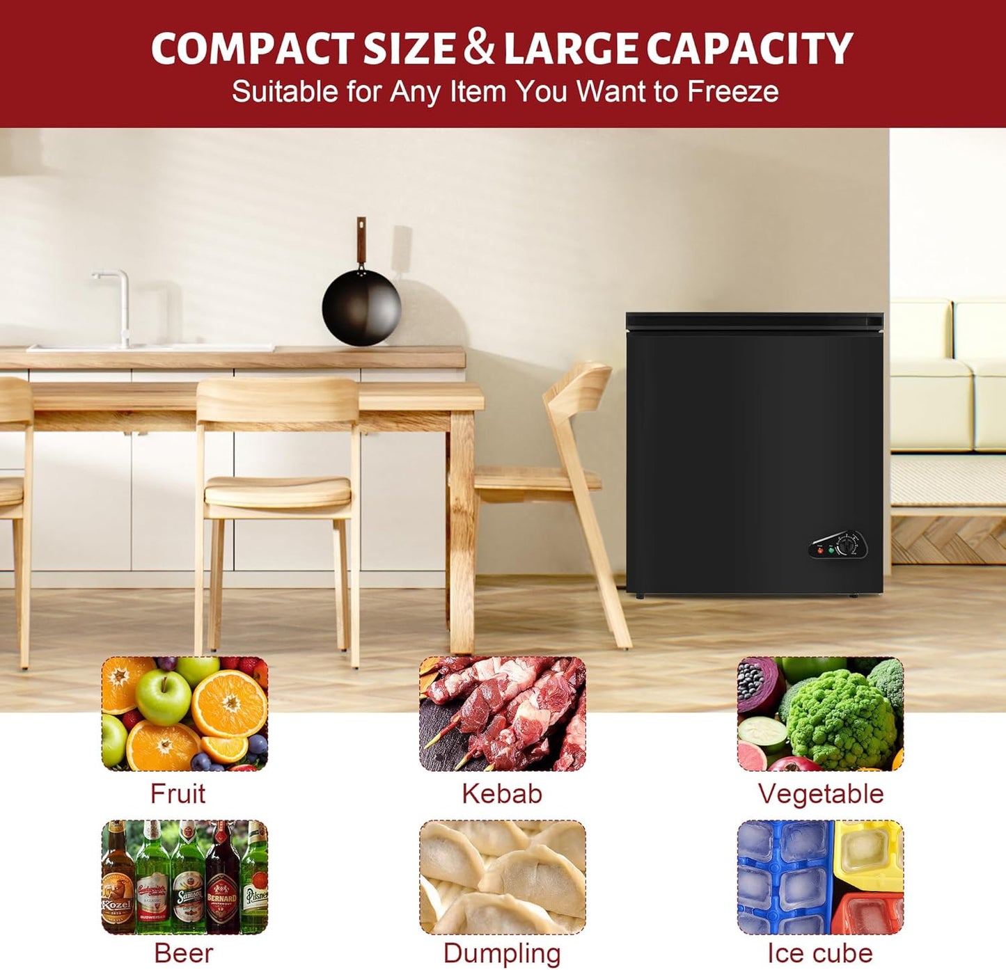 Rosmena Black 5.0 Cu. Ft. Compact Chest Freezer, Removable Basket, Quiet Operation