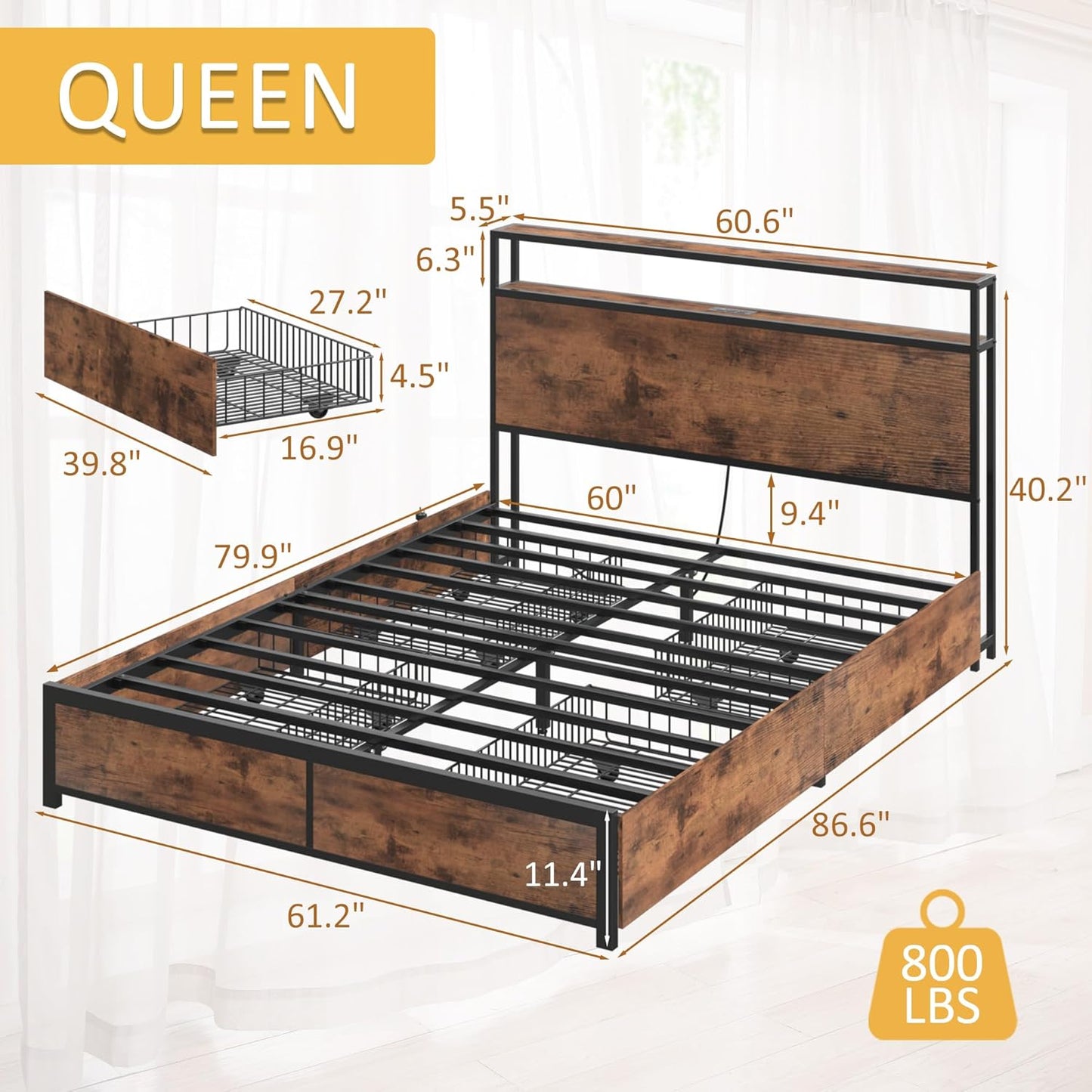 Queen Metal Bed Frame with Storage Headboard, LED Lights, Charging, Four Drawers