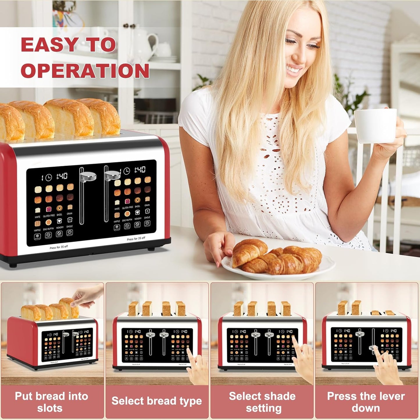Smart 4-Slice Touchscreen Toaster: Dual Control, 8 Shades, 6 Bread Types, 1650W