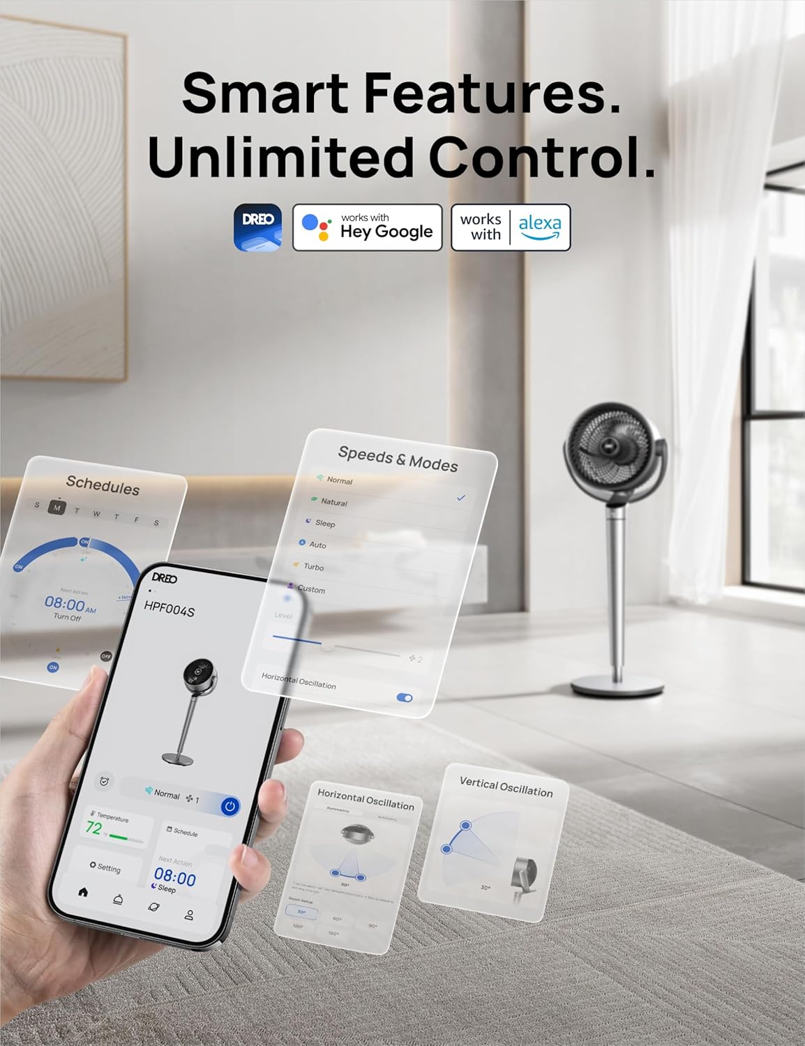 Dreo 43-inch Smart Oscillating Floor Fan: Quiet DC Motor, Wi-Fi, Alexa Control