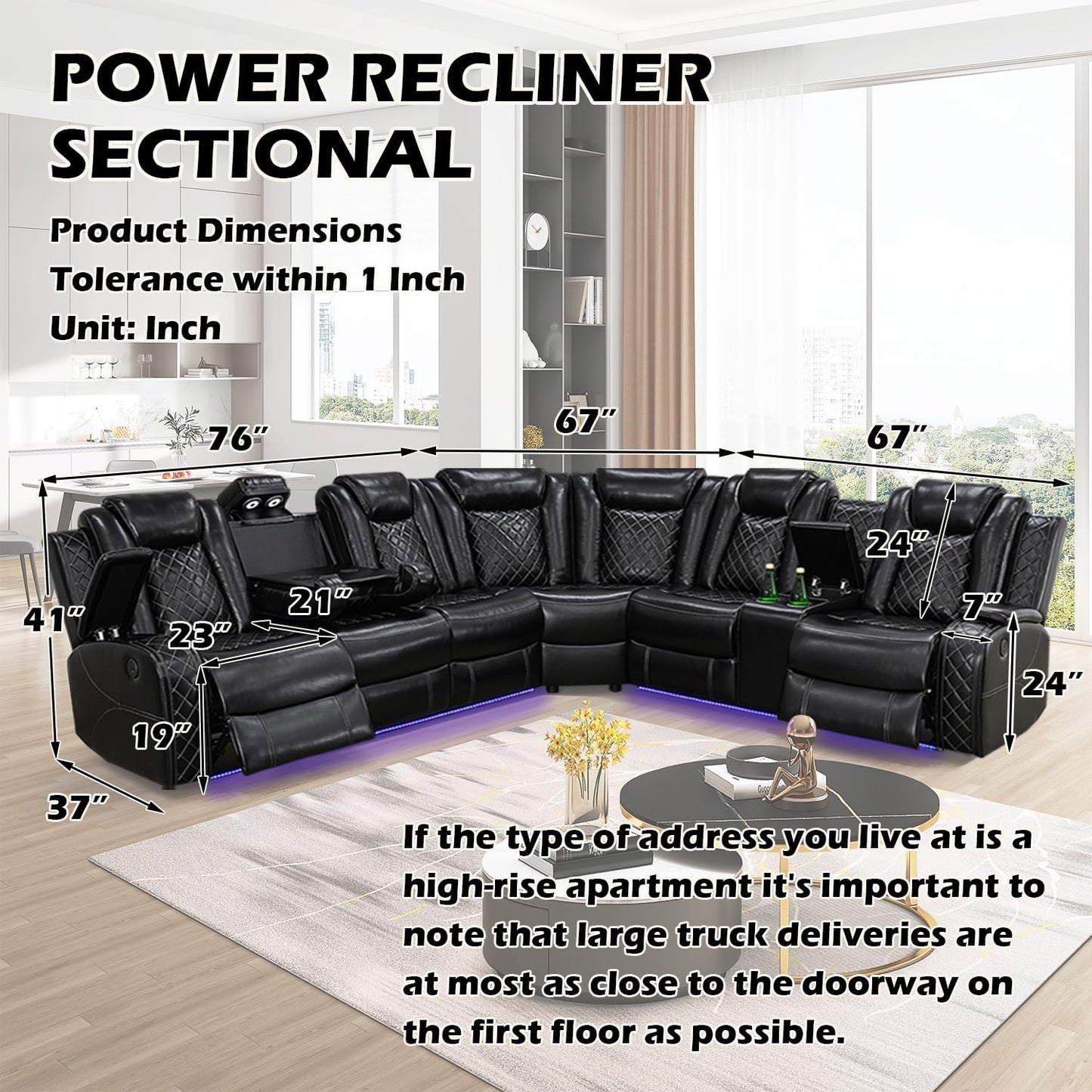 Luxurious Black Leather Sectional Sofa with Power Recline, LED Lights, Storage Ottoman