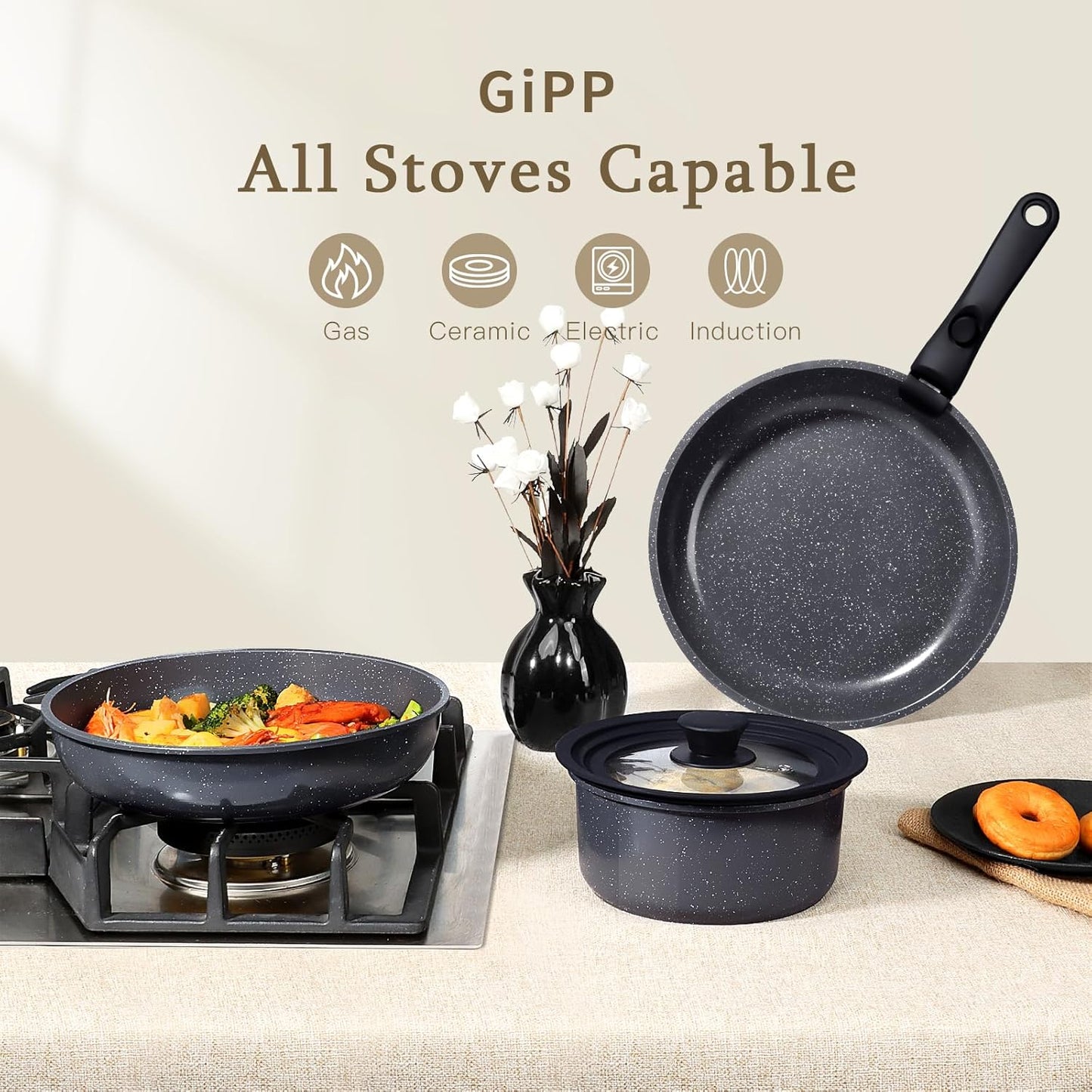 GiPP Healthy 15-Piece Ceramic Non-Stick Cookware Set with Detachable Handles