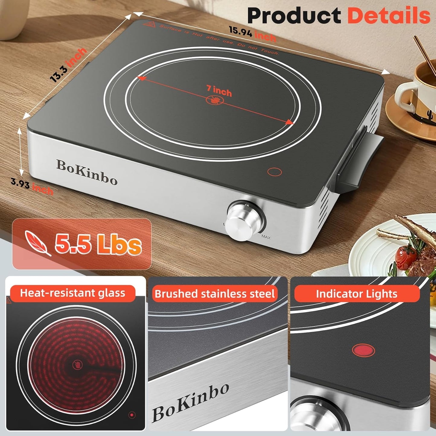 BoKinbo 1800W Portable Infrared Electric Burner - Compact Countertop Hot Plate