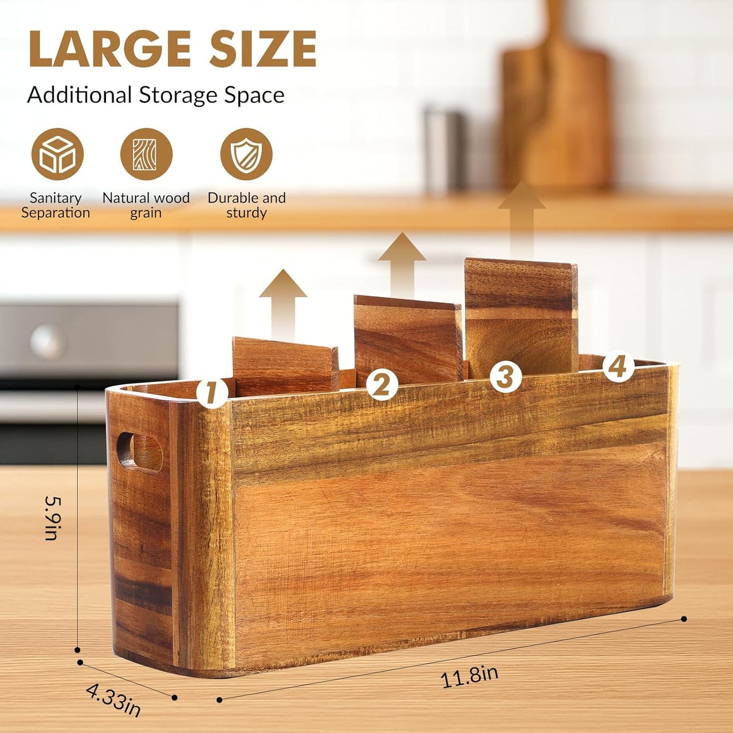 Premium Acacia Wood Utensil Holder Countertop Organizer with 4 Adjustable Compartments