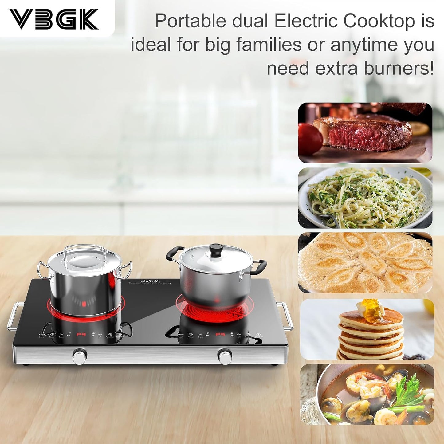 VBGK Dual Electric Cooktop with Knob Control, Child Lock, Timer, 110V