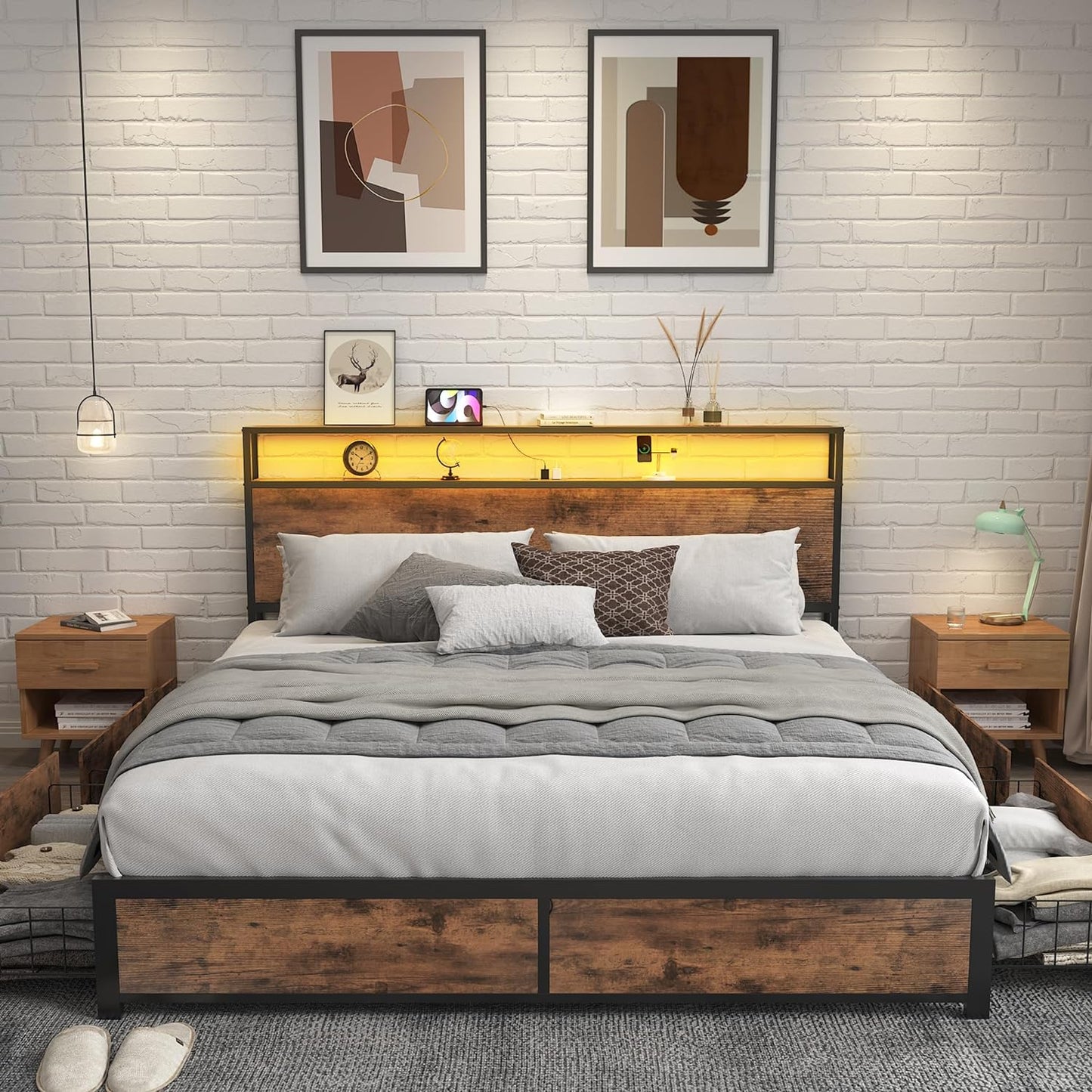 Queen Metal Bed Frame with Storage Headboard, LED Lights, Charging, Four Drawers