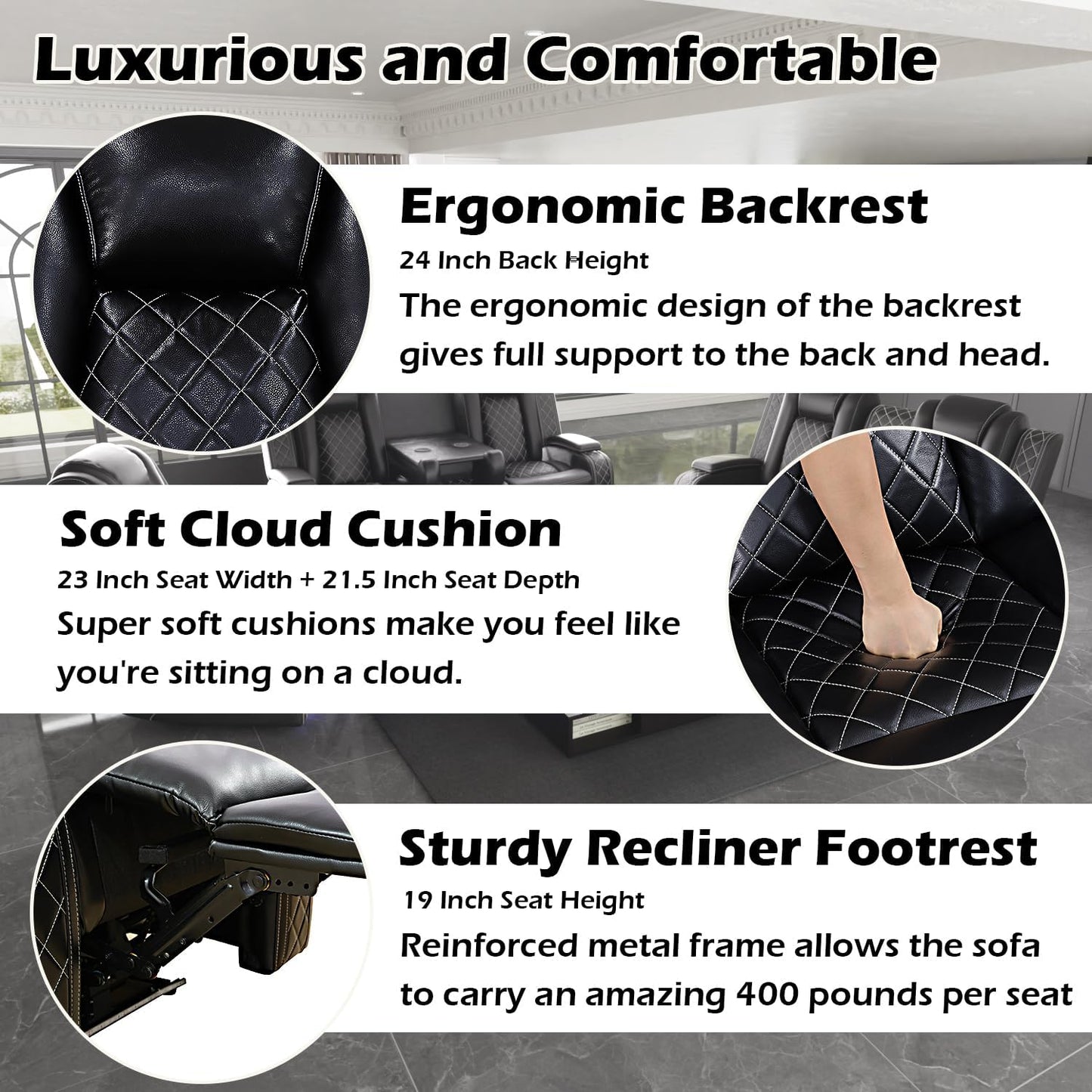 Luxurious Black Leather Sectional Sofa with Power Recline, LED Lights, Storage Ottoman