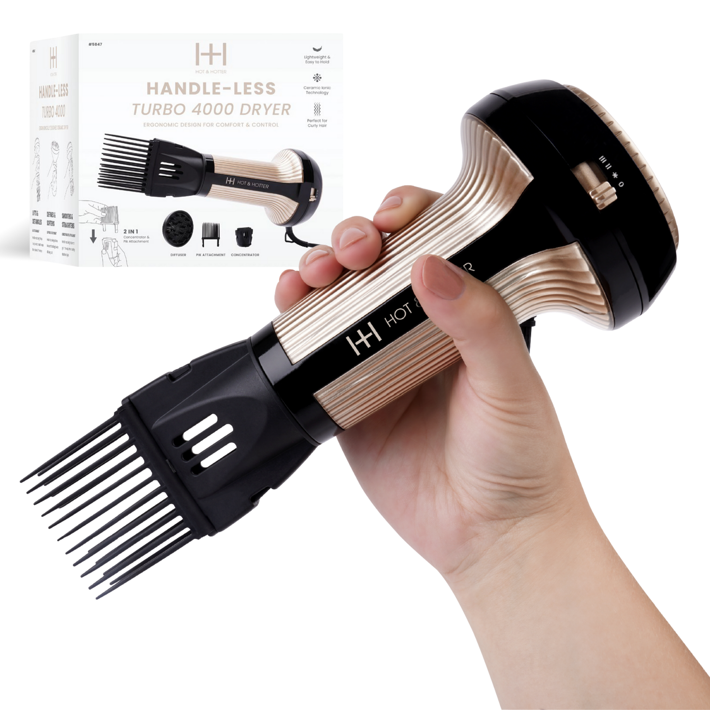 Hot & Hotter Turbo 4000 Ceramic Handle-less Hair Dryer Gold with Pik Attachment
