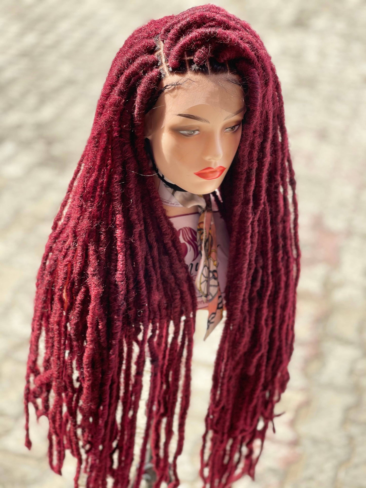 36-inch Long Wine Distressed Faux Locs Lace Front Braided Wig