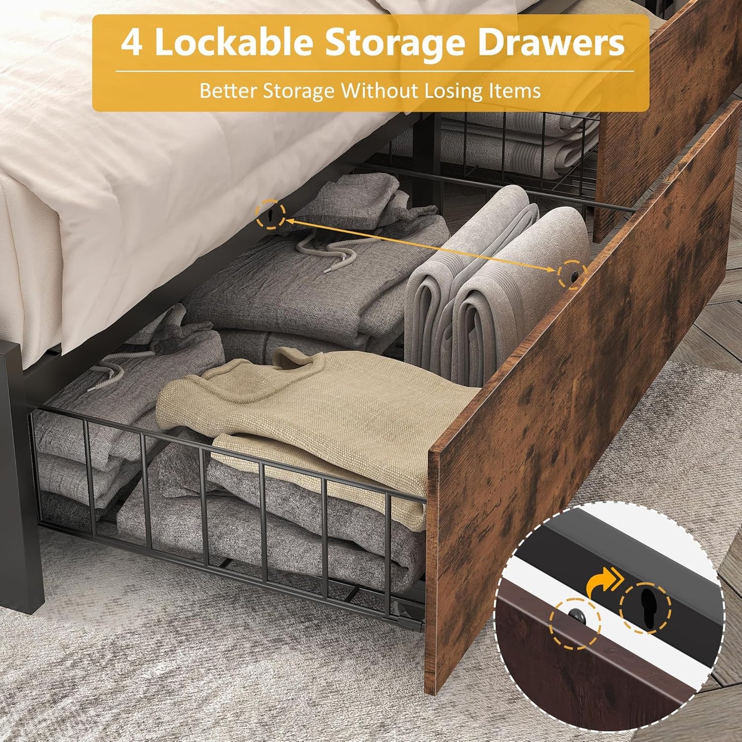 Queen Metal Bed Frame with Storage Headboard, LED Lights, Charging, Four Drawers