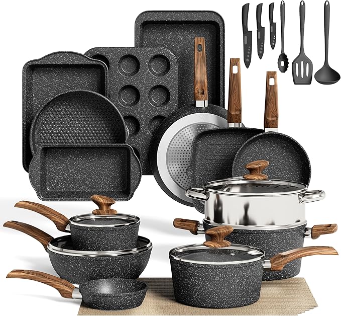 MAISON ARTS 30-Piece Non-Stick Granite Cookware & Bakeware Set with Lids
