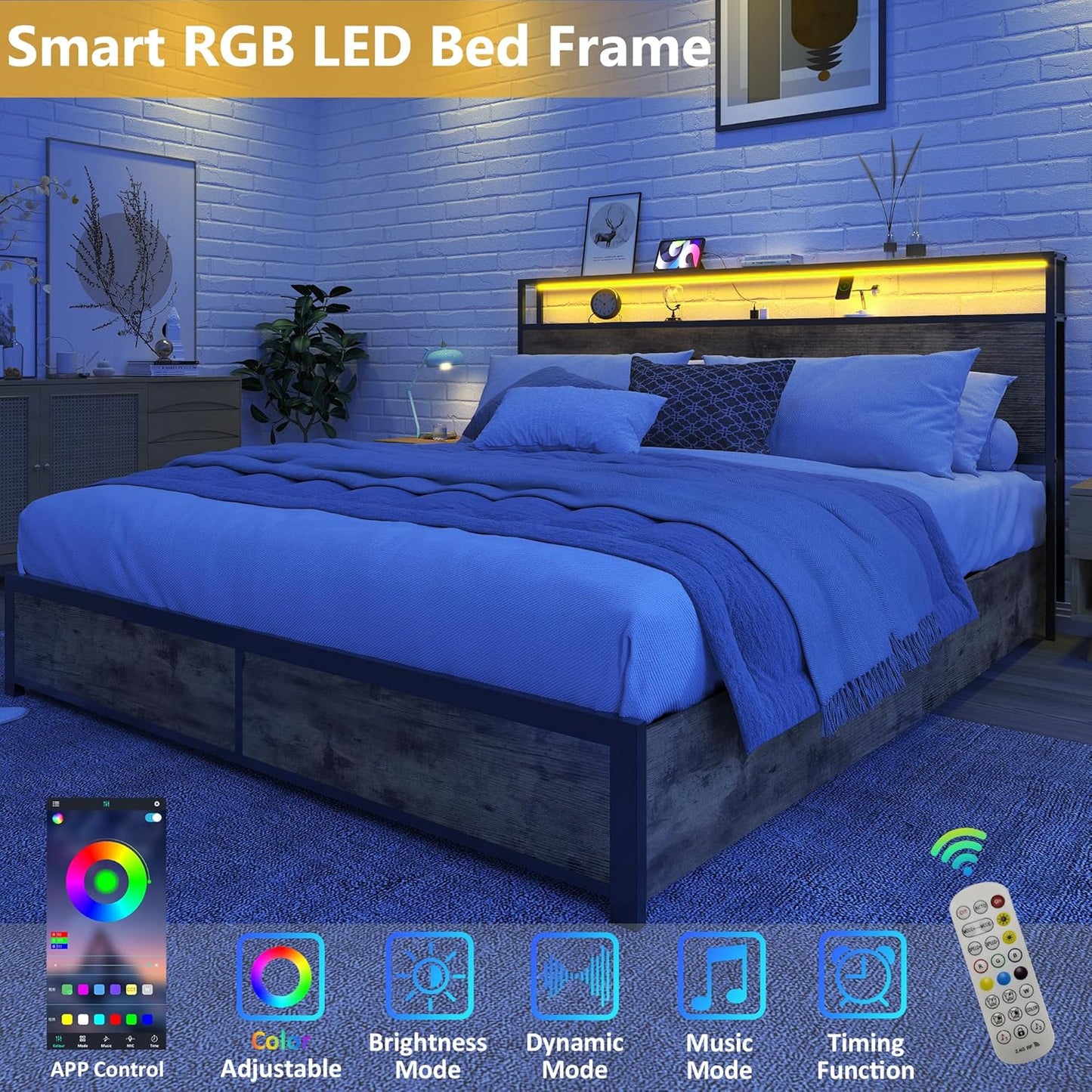Queen Metal Bed Frame with Storage Headboard, LED Lights, Charging, Four Drawers