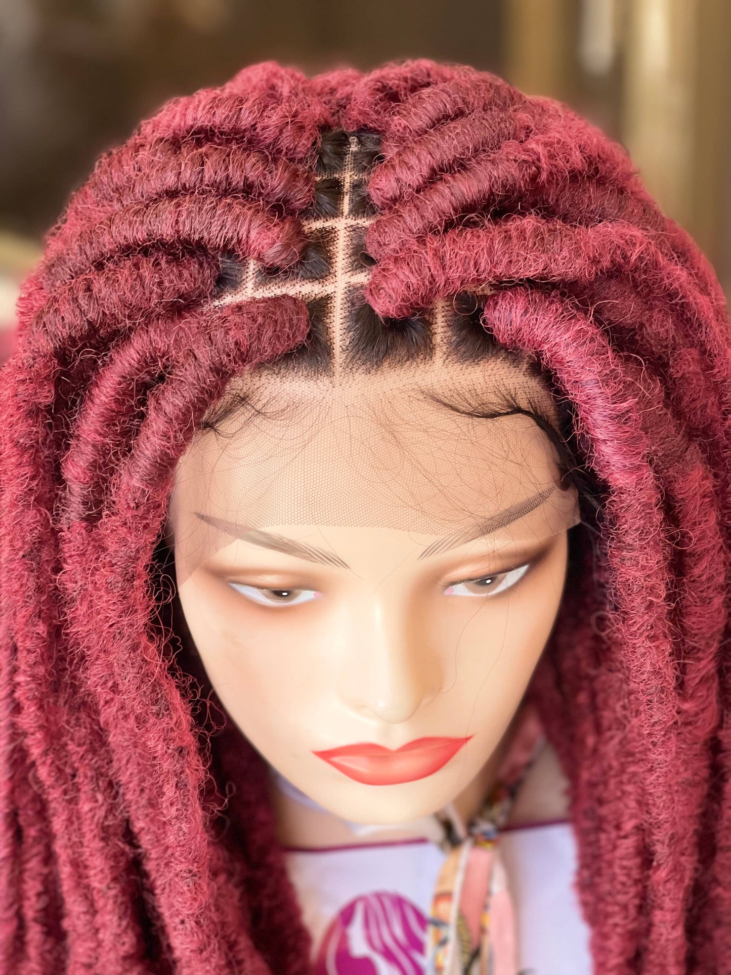 36-inch Long Wine Distressed Faux Locs Lace Front Braided Wig