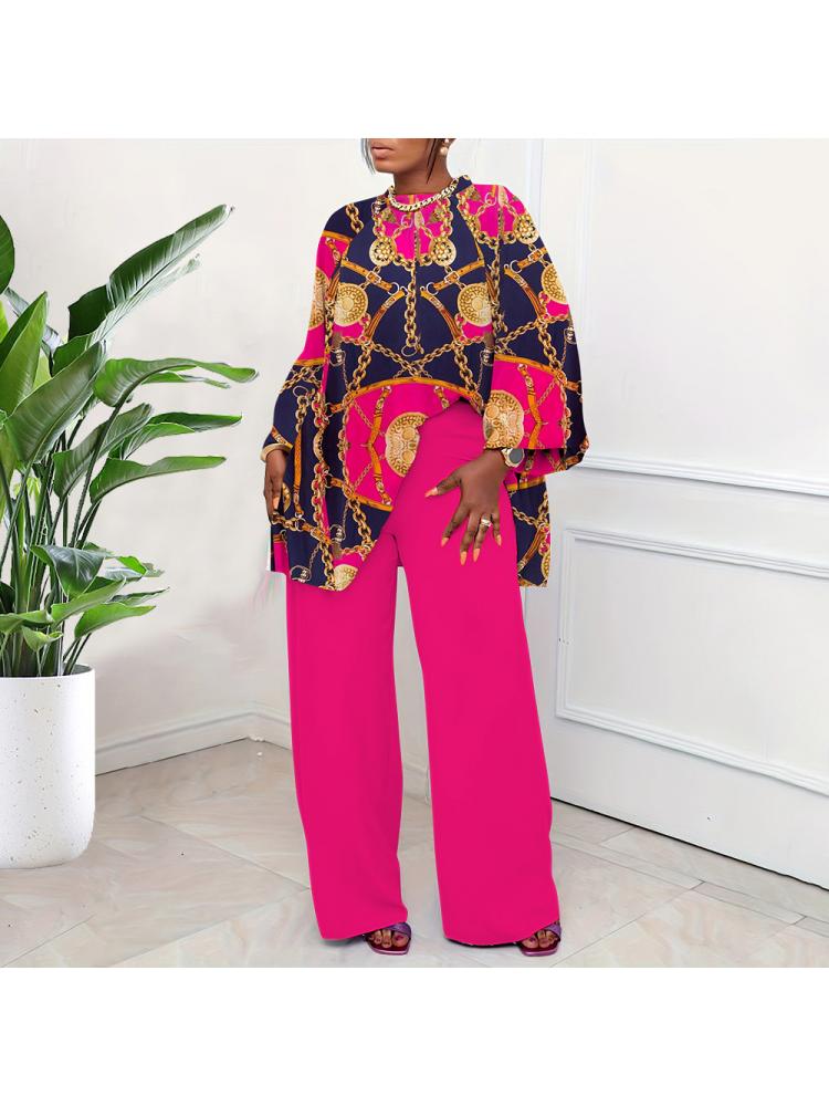 Chic Print Lantern Sleeve Loose Pant Set - Comfortable Two-Piece Outfit