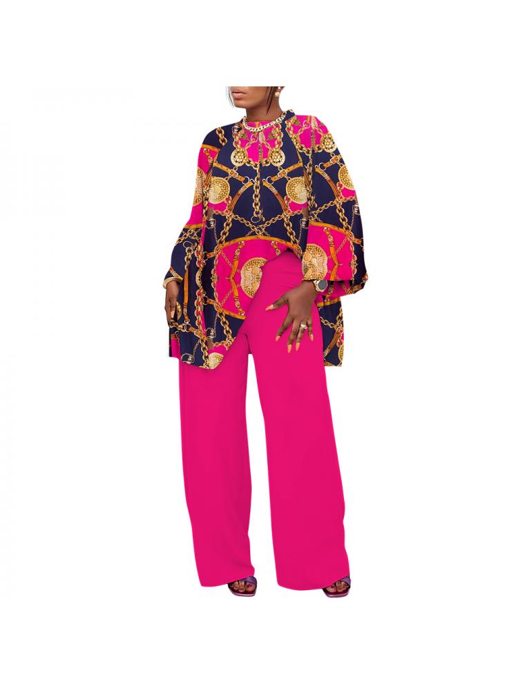 Chic Print Lantern Sleeve Loose Pant Set - Comfortable Two-Piece Outfit