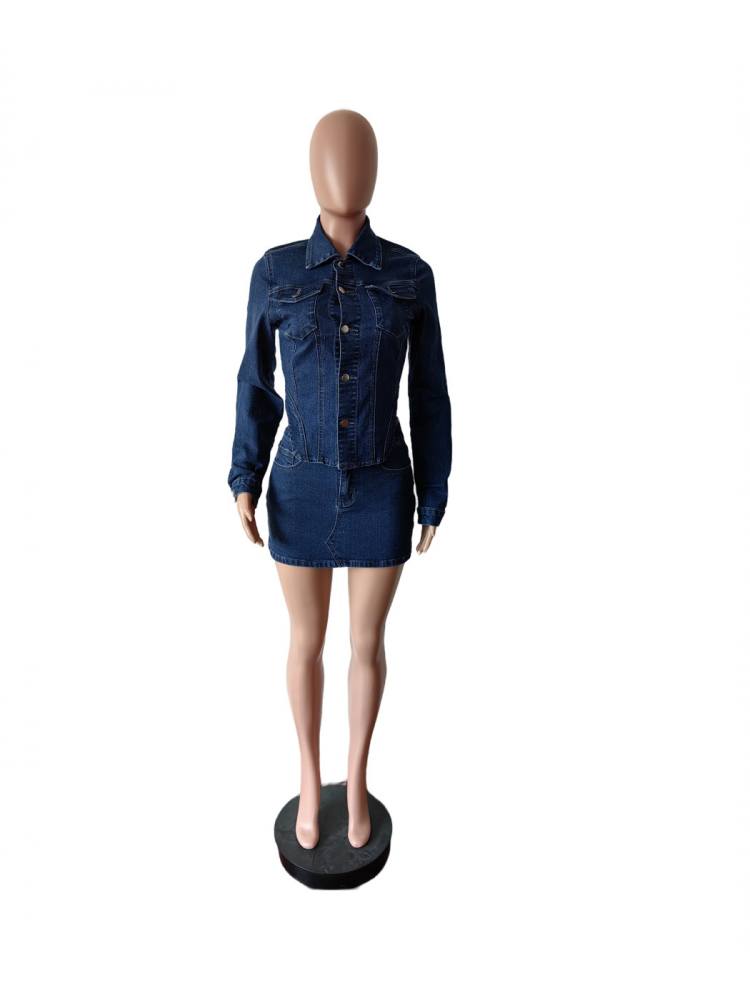Chic Washed Denim Cropped Shirt & Irregular Skirt Set for Women