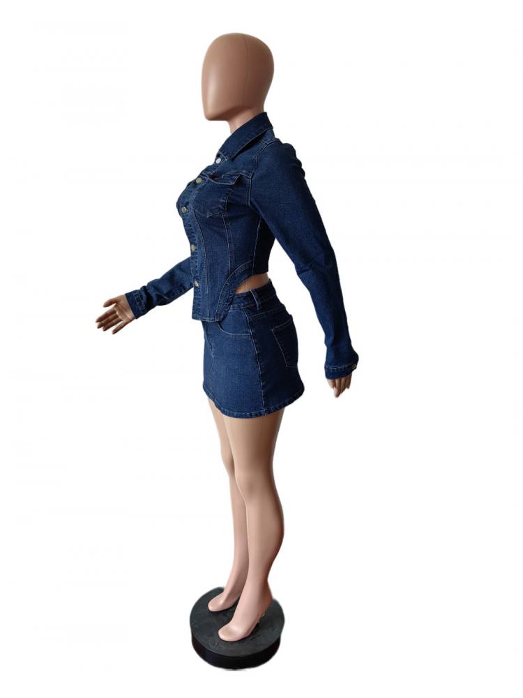 Chic Washed Denim Cropped Shirt & Irregular Skirt Set for Women