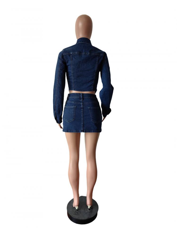 Chic Washed Denim Cropped Shirt & Irregular Skirt Set for Women