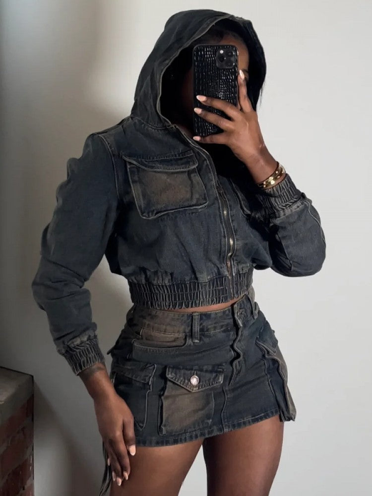 Women's Multi-Pocket Denim Hooded Cargo Skirt Set for Casual Streetwear