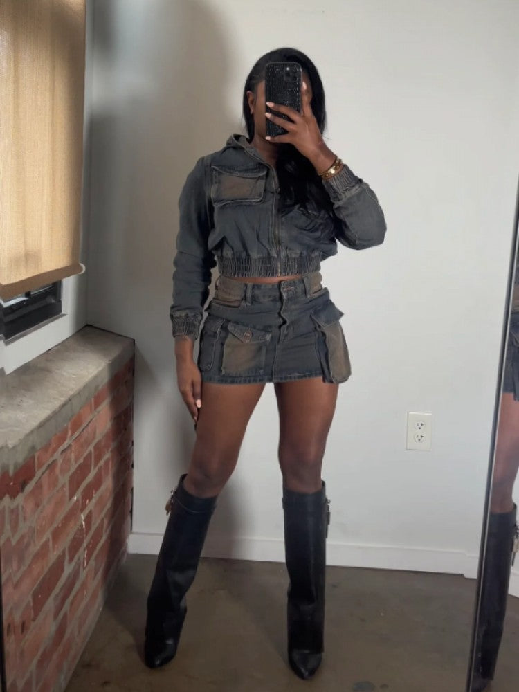 Women's Multi-Pocket Denim Hooded Cargo Skirt Set for Casual Streetwear