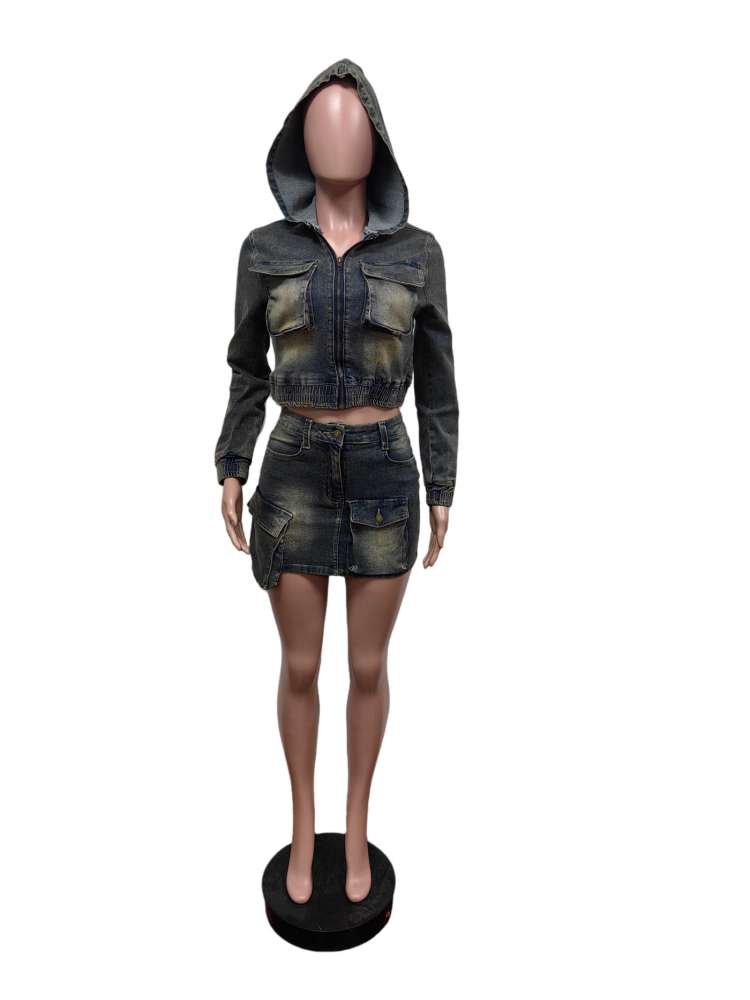 Women's Multi-Pocket Denim Hooded Cargo Skirt Set for Casual Streetwear