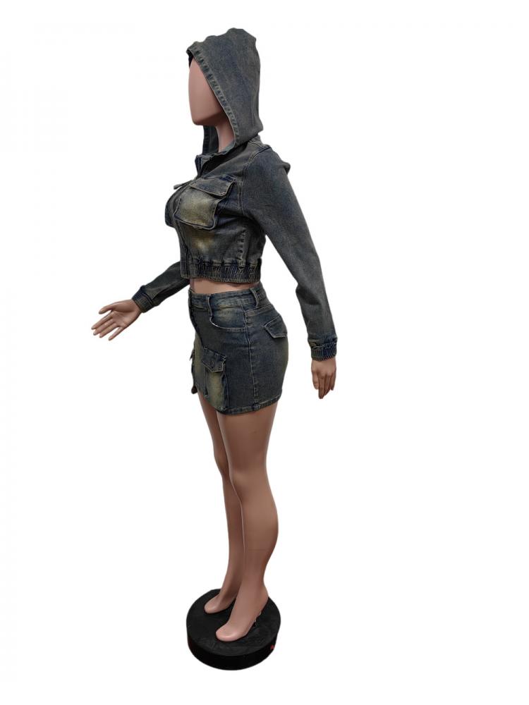 Women's Multi-Pocket Denim Hooded Cargo Skirt Set for Casual Streetwear