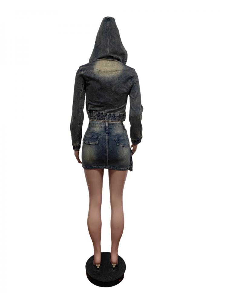 Women's Multi-Pocket Denim Hooded Cargo Skirt Set for Casual Streetwear
