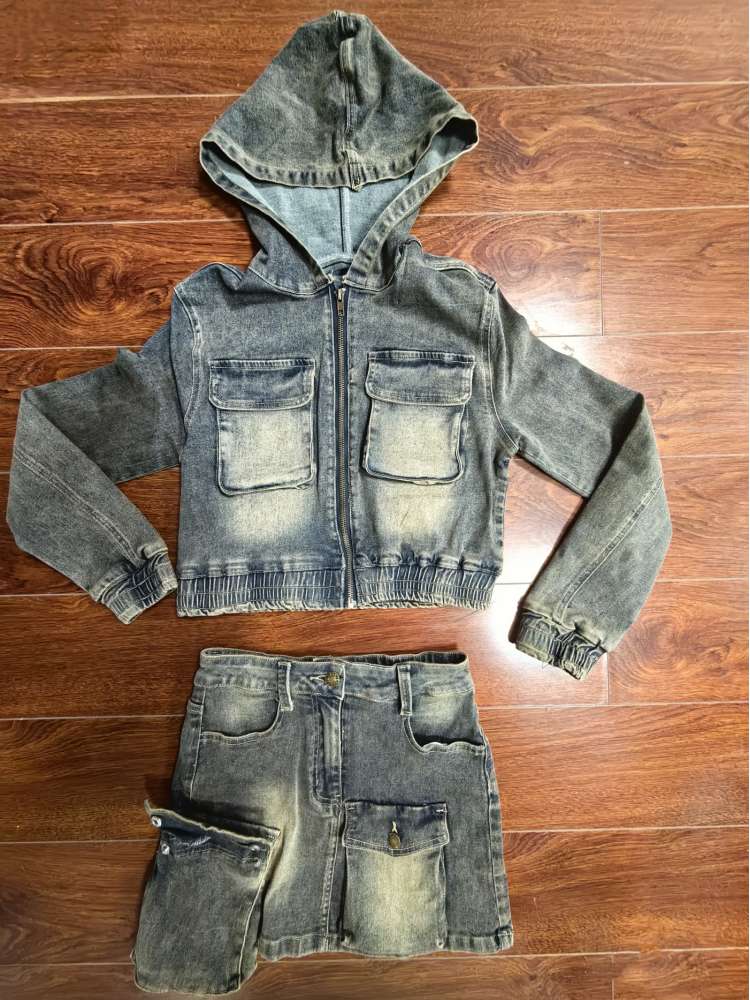 Women's Multi-Pocket Denim Hooded Cargo Skirt Set for Casual Streetwear