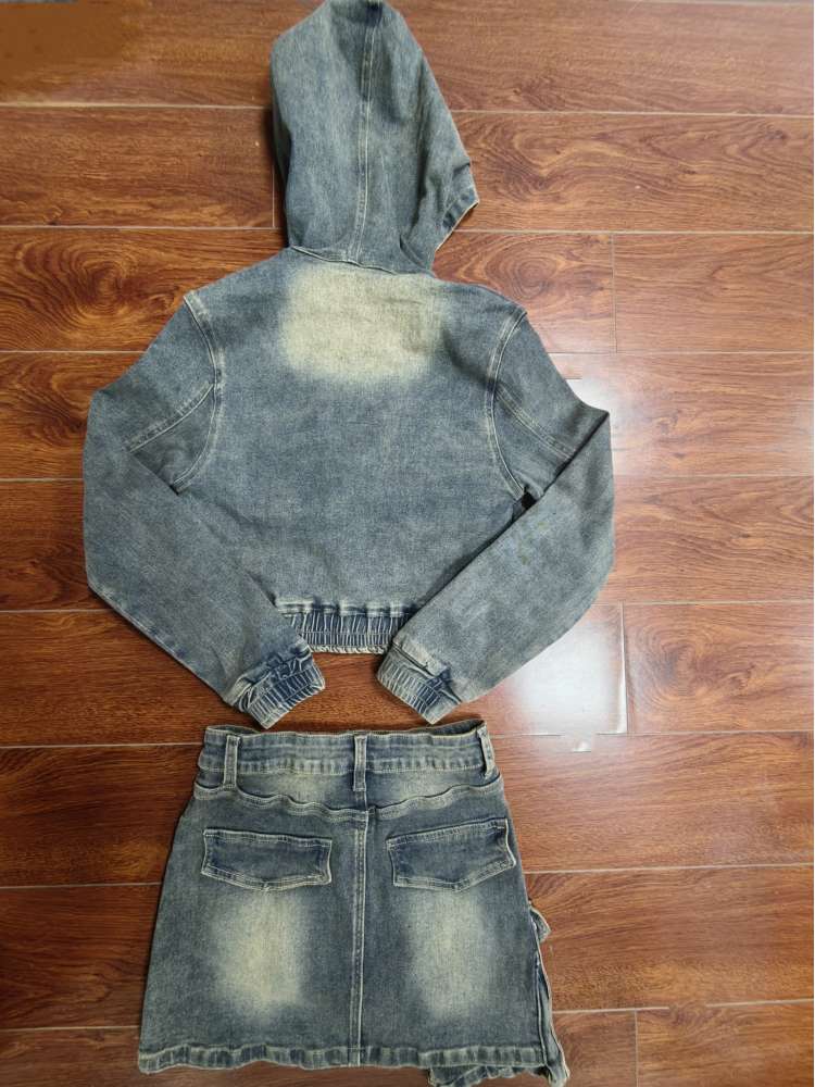 Women's Multi-Pocket Denim Hooded Cargo Skirt Set for Casual Streetwear