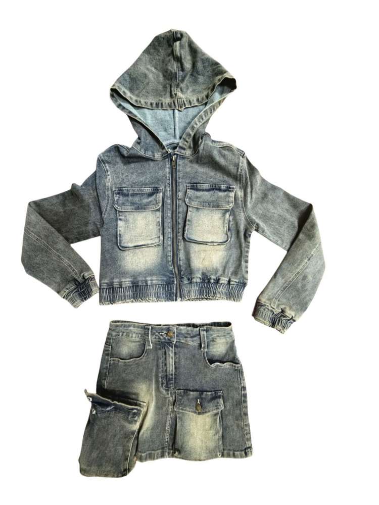 Women's Multi-Pocket Denim Hooded Cargo Skirt Set for Casual Streetwear