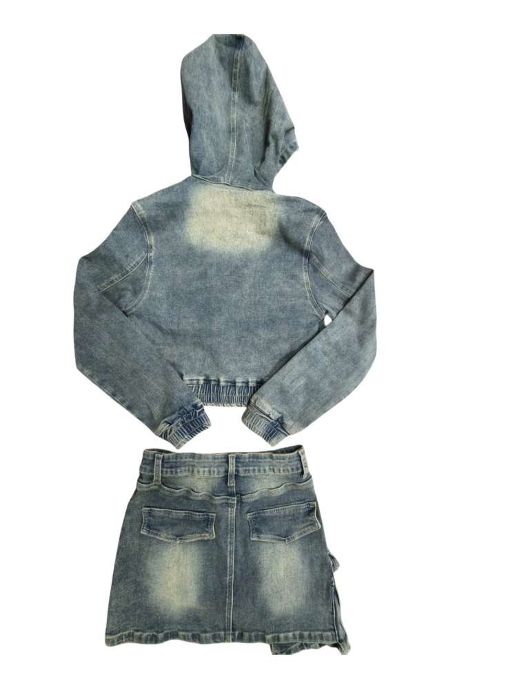 Women's Multi-Pocket Denim Hooded Cargo Skirt Set for Casual Streetwear