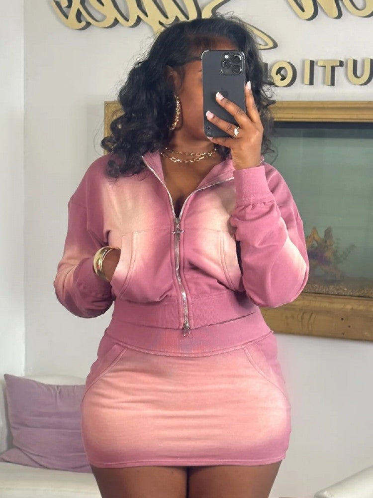 Trendy Mineral Washed Pink Zipper Cropped Skirt Set for Stylish Women