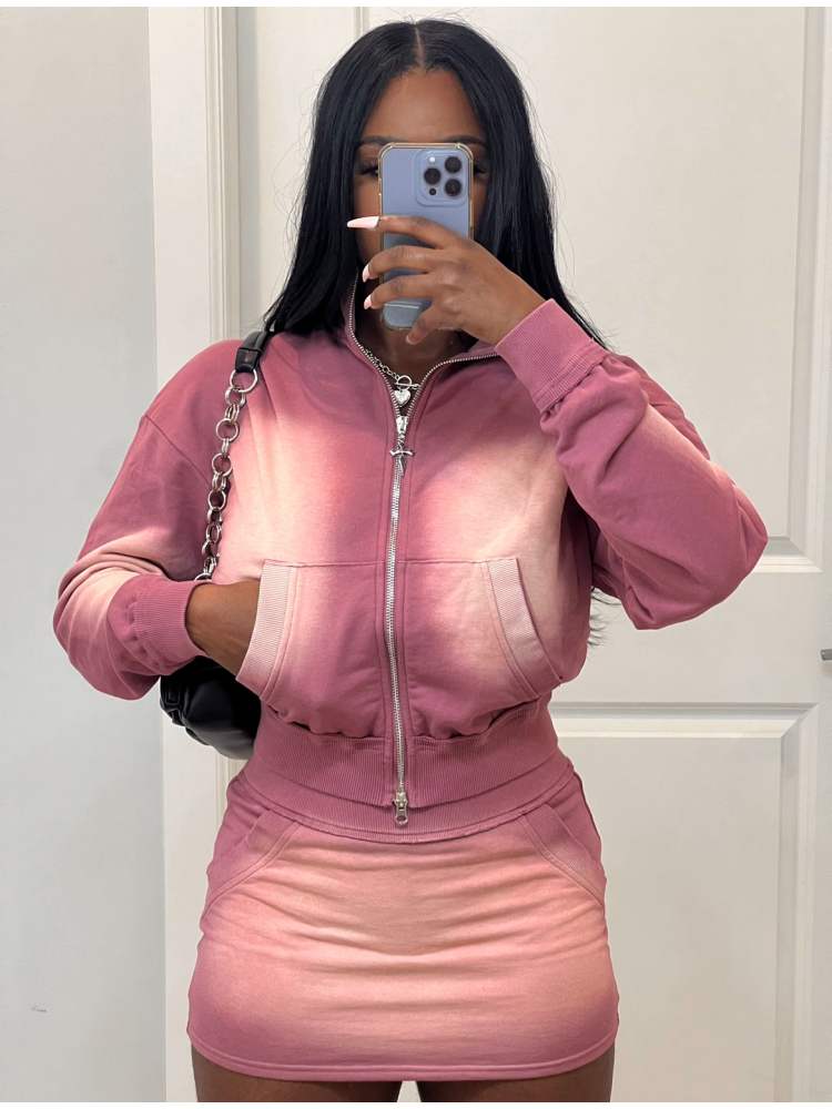 Trendy Mineral Washed Pink Zipper Cropped Skirt Set for Stylish Women