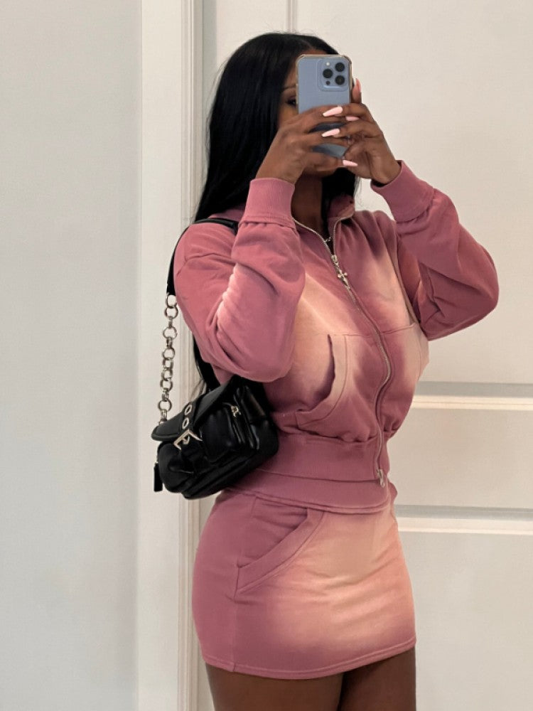 Trendy Mineral Washed Pink Zipper Cropped Skirt Set for Stylish Women