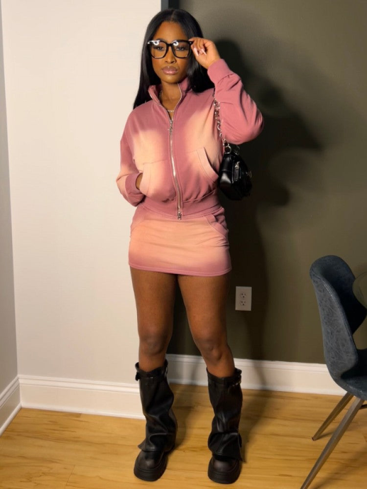 Trendy Mineral Washed Pink Zipper Cropped Skirt Set for Stylish Women