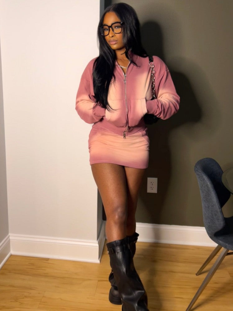 Trendy Mineral Washed Pink Zipper Cropped Skirt Set for Stylish Women