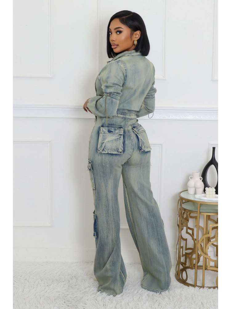 Fashionable Washed Denim Jacket & Cargo Pant Set, Distressed Two-Piece Outfit