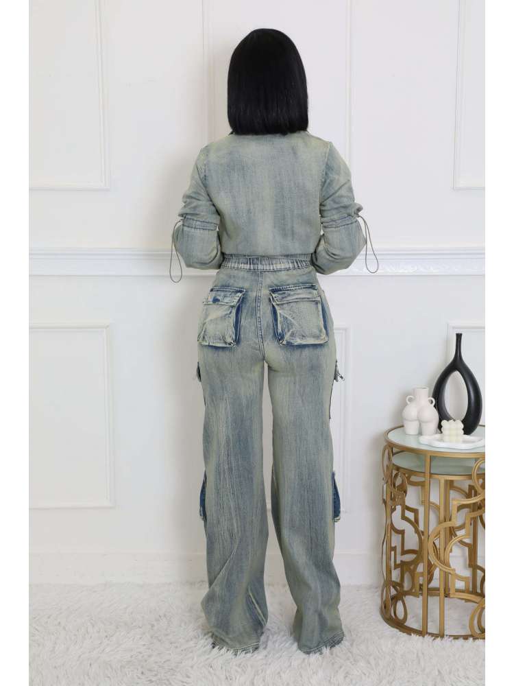 Fashionable Washed Denim Jacket & Cargo Pant Set, Distressed Two-Piece Outfit