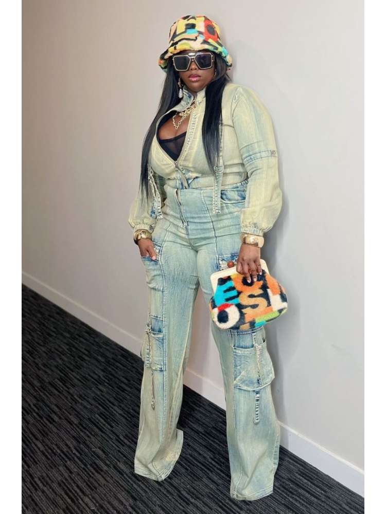 Fashionable Washed Denim Jacket & Cargo Pant Set, Distressed Two-Piece Outfit