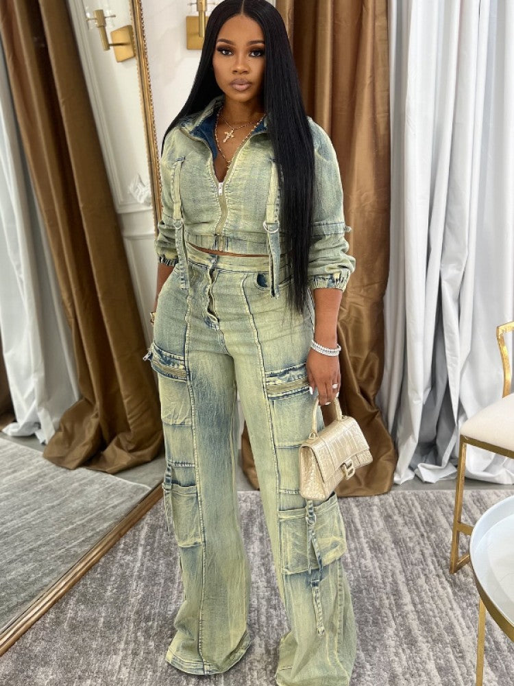 Fashionable Washed Denim Jacket & Cargo Pant Set, Distressed Two-Piece Outfit